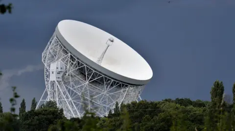 A huge white radio telescope aligned with its large dish facing the sky, as seen from tree cover.