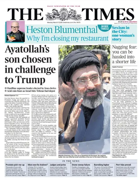 "Ayatollah's son chosen in challenge to Trump," reads the headline on the front page of the Times.