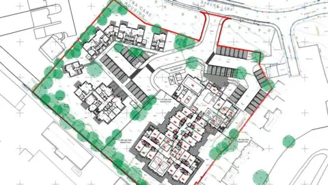 Just Pubs Ltd A plan showing the care home, assisted living bungalows and boundary trees, with existing properties shown in outline.