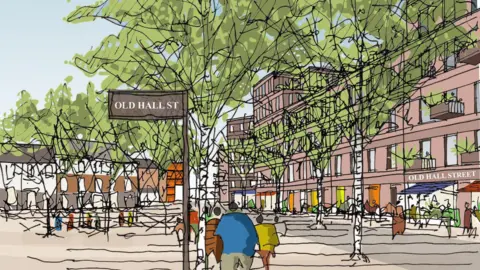 Stoke-on-Trent City Council An artist's impression of a street scene, with a sign that read 'Old Hall Street'. There are buildings either side of a tree-lined pedestrian area, with lots of people milling about.