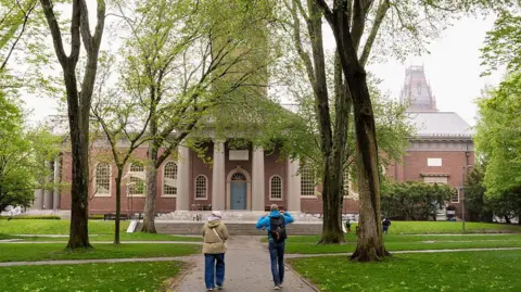 An exterior view of a building at Harvard University with people walking
