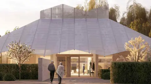 A auto generated image of a design for a centre to help cancer patients. It is a front on view of the photo. The roof is grey and shaped like a hut. There are trees in front and a man and a woman walking into the buiding.