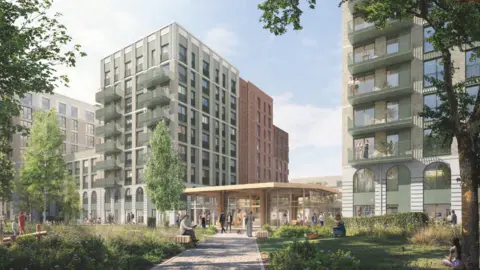 An artistic impression of a block of flats, viewed from the side. A path trhough green space with grass and trees leads to a central covered lobby area, surrounded by floor to ceiling windows. It is flanked by two tower blocks with eight-storeys of windows, with balconies on each storey. 