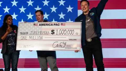 Getty Images Elon Musk holding a large check of $1m with the winner of a voter lottery 