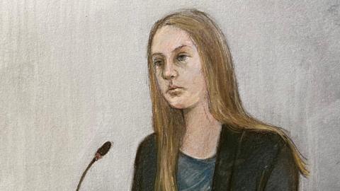 Court artist drawing by Elizabeth Cook of Lucy Letby giving evidence during her trial at Manchester Crown Court