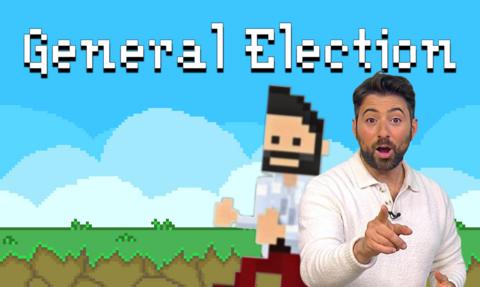 Newsround presenter Ricky on a video game background with a pixelated version of him self and the words 'general election'.