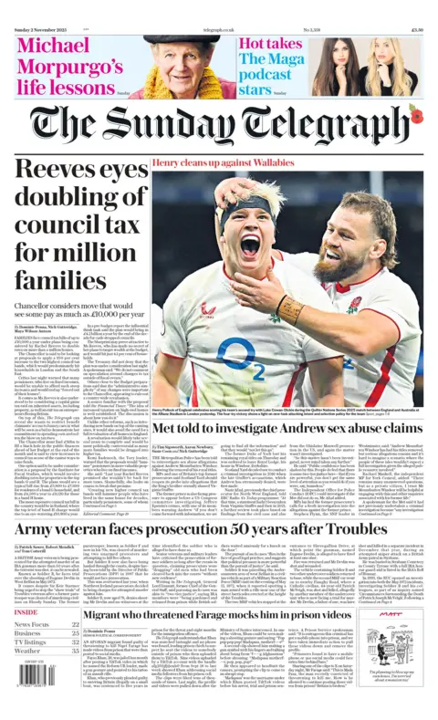"Reeves eyes doubling of council tax for million families," reads the headline on the front page of the Sunday Telegraph