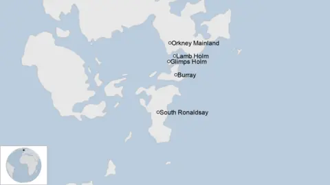 Map showing the island of South Ronaldsay, Burray, Glimps Holm, Lamb Holm and the Orkney mainland.