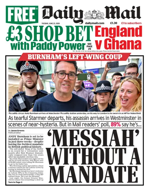 "Messiah without a mandate," reads the headline on the front page of the Daily Mail. 