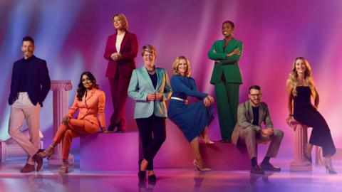 Fred Sirieix, Isa Guha, Hazel Irvine, Clare Balding, Gabby Logan, Jeanette Kwakye, JJ Chalmers and Dame Laure Kenny posing for a publicity shot for the BBC's Paris 2024 coverage