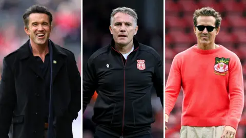 Wrexham co-owner Rob Mac (left), manager Phil Parkinson (centre) and co-owner Ryan Reynolds (right)