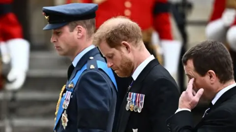 Getty Images Prince William and Prince Harry follow the Queen's coffin