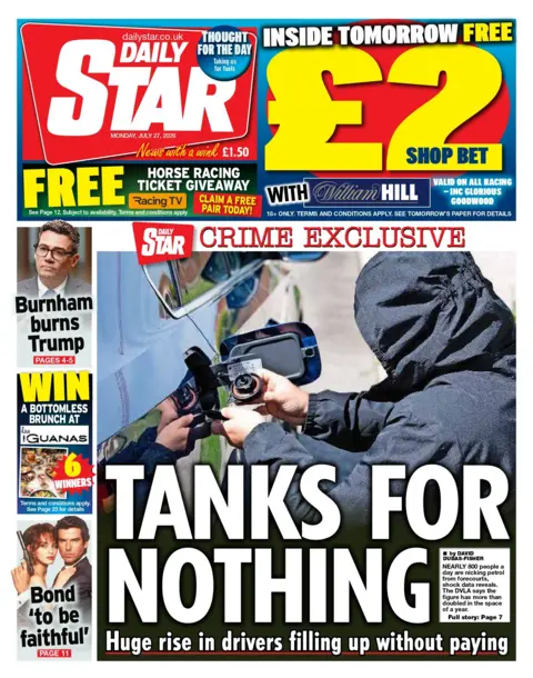 The headline on the front page of the Daily Star reads: "Tanks for nothing: Huge rise in drivers filling up without paying". 