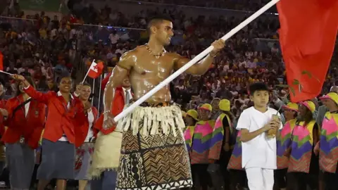 Reuters Flagbearer for Tonga Pita Nikolas Taufatofua at the 2016 Olympics in Spain