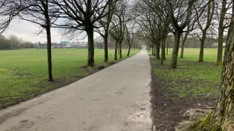 A long footpath lined with trees, with grass on either side. In the distance some buildings are visible. 