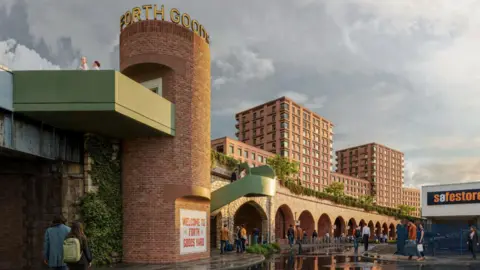 A CGI of the entrance to Forth Goods Yard. A circular brick column stands next to a long line of railway arches. A sign on top of the column reads Forth Goods. People walk up a green staircase to the top of the arches which has been turned into a walkway.