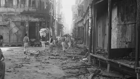 Keystone Features Wrecked buildings after communal riots in Amritsar, Punjab, during the Partition of British India, March 1947