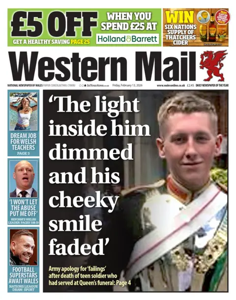Western Mail The front page of Western Mail. Main headline: 'The light inside him dimmed and his cheeky smile faded', with a photo of a man in Army uniform. Other headlines read: 'dream for welsh teachers' and 'I won't let the abuse put me off' and 'football superstars await Wales' 