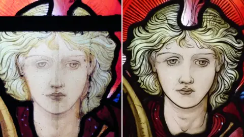 Salisbury Cathedral A close up before and after image of another portion of the window. The one on the left is faded and the one on the right is more vivid.