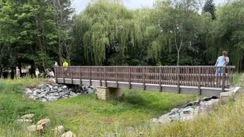 This image shows an outdoor park or natural green-space setting centered on a wooden pedestrian bridge.