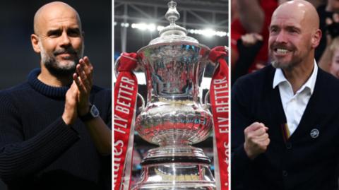 Manchester City boss Pep Guardiola (left), the FA Cup trophy and Manchester United boss Erik ten Hag (right)