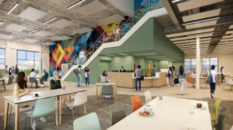 Durham County Council Artist's impression of a large foyer with cafe tables, colourful walls and tables where people are sat drinking coffee and eating cake