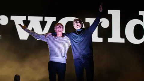 Underworld on stage raising their arms in front of a dark screen with the word 'Underworld' on it.
