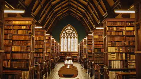 View down the central aisle of a historic library with a wood panelled ceiling. Rows of book shelves flank either side of the aisle, with a long desk or cabinet down the middle and the end is a stained glass window.