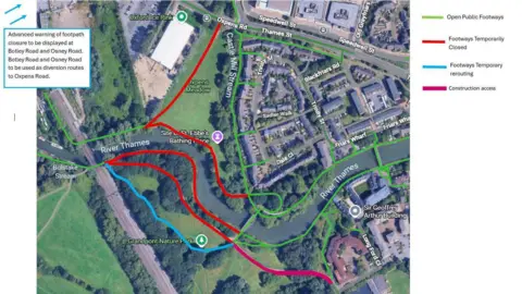 Oxford City Council A Google layers map showing the temporary closure of the footways in red lines, the open footways in green and temporary rerouting in blue. The construction access is marked in magenta.