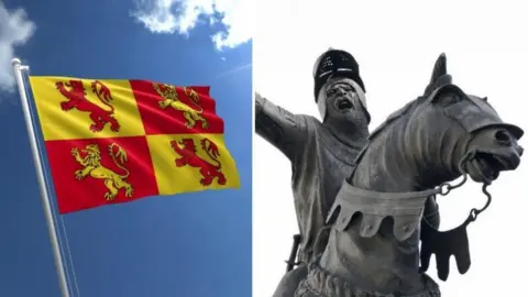 A side-by-side composition. On the left, the flag of Owain Glyndŵr is divided into four rectangular quarters in an alternating red-and-yellow checkerboard pattern. On the right, a metal statue of an armored Glyndŵr mounted on a horse. He is wearing a helmet and raises one arm upward.