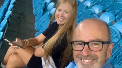 Paul Ross Paul Ross and his daughter Lydia Ross sit in football stands. Lydia has long blond hair and Paul wears black-rimmed glasses.