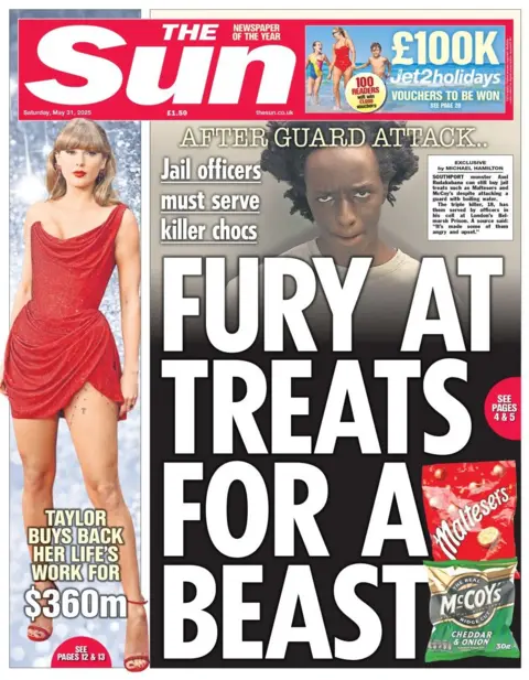 The Sun headlines read: Taylor buys back her life's work for $360m. And beside, a headline reads: Fury at treats for a beast. 