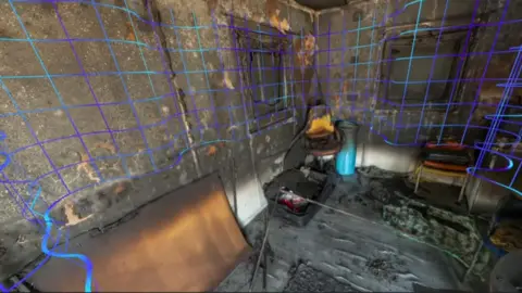 Virtual reality representation of burned room