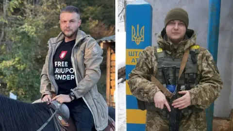 A man sits on a horse on the left, and on the right stands in full uniform