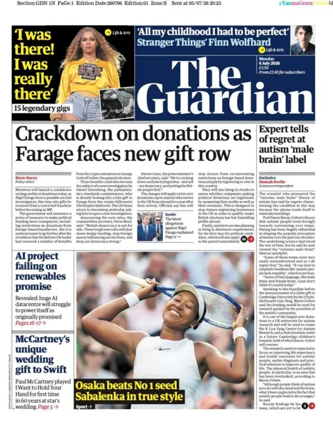 The headline on the front page of the Guardian reads: 'Crackdown on donations as Farage faces new gift row.'