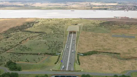 A CGI image of proposed Lower Thames Crossing between Gravesend and Tilbury. 