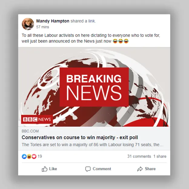 Facebook Post from a local group which says "to all those labour activists on here dictating to everyone who to vote for, well just been announced on the news just now" followed by a link to breaking news about the exit poll