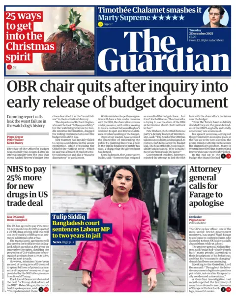 "OBR chair quits after inquiry into early release of budget document" reads the headline on the front page of The Guardian.