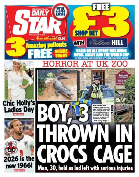 The headline on the front page of the Daily Star reads: “Boy, 3, thrown in crocs cage”.