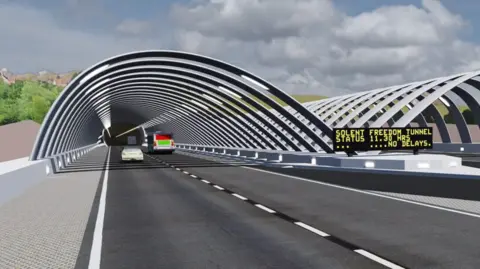 A CGI image of cars going through a tunnel on a road. There is a sign reading "Solent Freedom Tunnel status 11.30 hours... no delays"