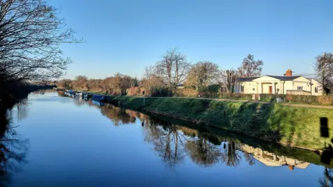 Tone Poet Water reflecting the trees with a bright blue sky in the background.