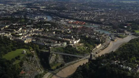 Getty Images Aerial shot of Bristol showing Clifton Suspension Bridge, A4 Portway, Cumberland Basin and River Avon