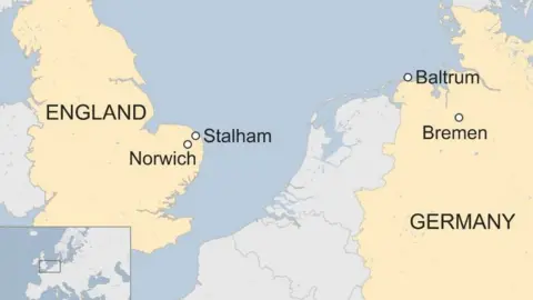 Map featuring Stalham, England and Baltrum, Germany