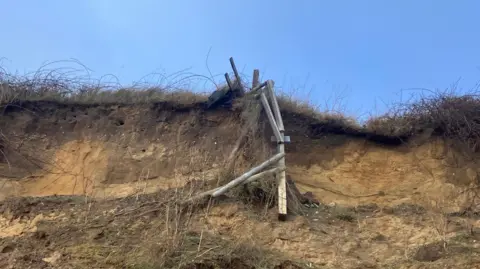 Guy Campbell/BBC The wooden remnants of a garden fence are hanging over the edge of a sandy cliff 