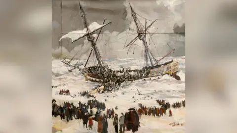Museum of Cornish Life/Clive Carter Painting of HMS Anson, with two masts erect and one crashed into the sea, people in the water and others watching from the safety of the shore 
