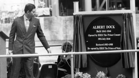 Getty King Charles III in 1988 unveiling a plaque at the reopening of Albert Dock.