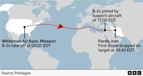 A map giving an overview of the B-2 mission to Iran. The B-2s took off from Whiteman Air Base in Missouri at 00:01 EDT (05:01 BST) and flew for over 18-hours, refuelling on route, and were joined by a fighter support team in the Middle East, before dropping their first bombs on the Fordo facility in Iran at 18:40 EDT (23:40 BST).