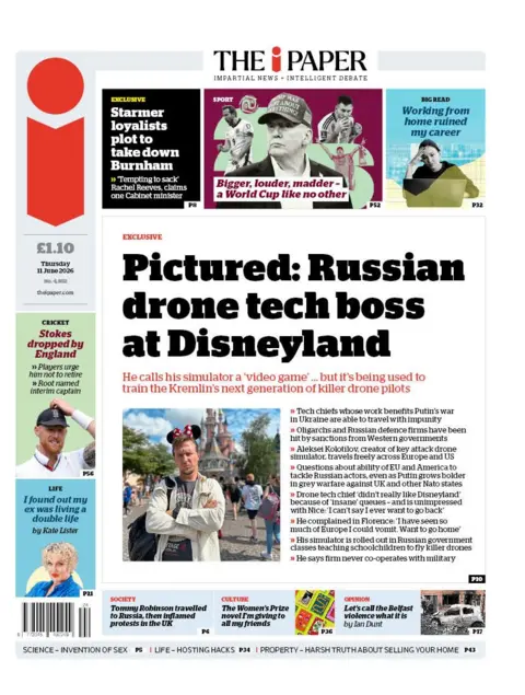 The headline on the front page of the i Paper reads: "Pictured: Russian drone tech boss at Disneyland."