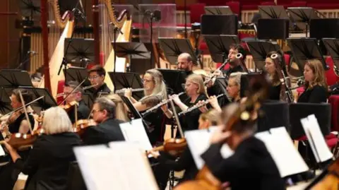 Liverpool Philharmonic Musicians play classical instruments in a concert hall. 