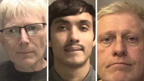 Merseyside Police A composite photo of Simon Allen, James Byrne and David Harrison. Allen has white hair and wears black-rimmed glasses. Byrne has short dark hair swept across his forehead and has a thing moustache. Harrison has short fair hair.